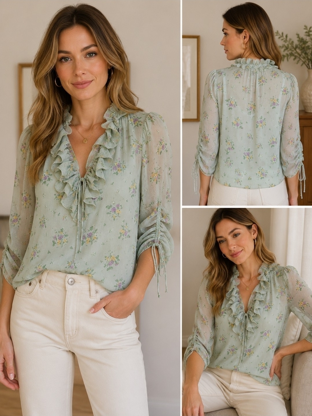 Coach 1941 100% Silk Floral Ruffle Tie Neck Blouse Size 4 Mint Green